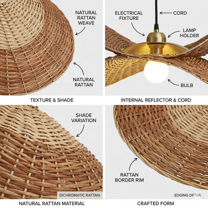 Eco-friendly natural rattan ceiling lamp designed as a biodegradable and stylish accent for mindful living.