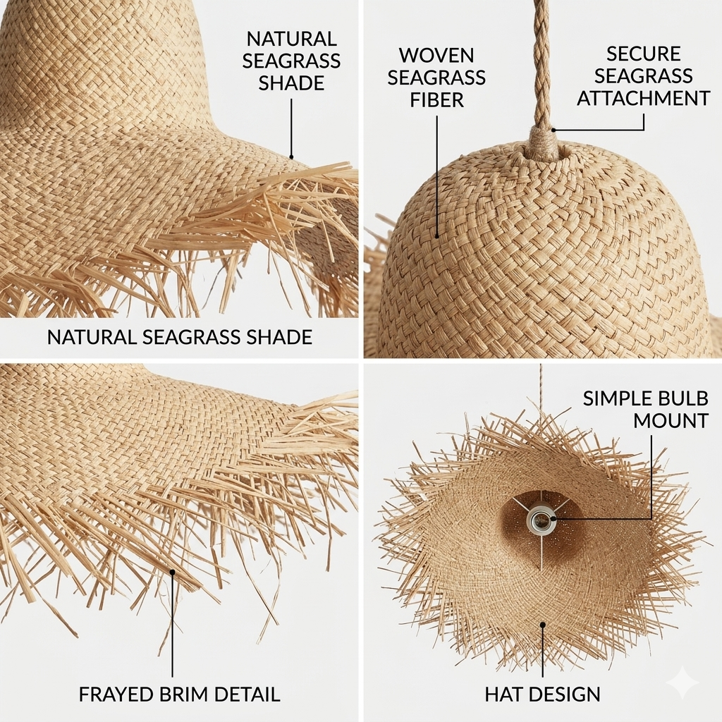Eco-friendly shade made with authentic natural seagrass fiber in a unique hat-style design.