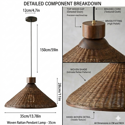 Eco-friendly shade made with authentic natural rattan and sustainable dark wood accents.