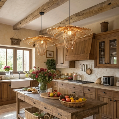 Eco-friendly Rattan woven ceiling fixture with an airy, organic construction