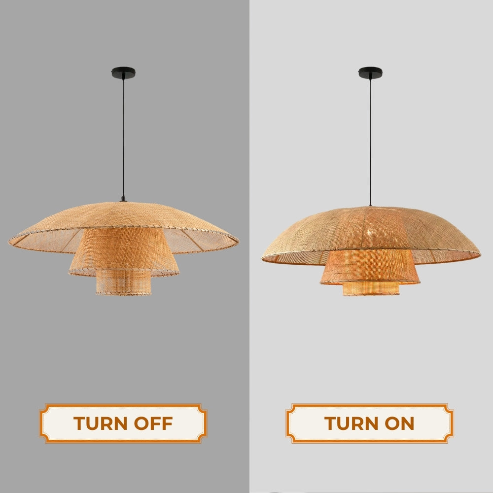 Premium woven cane umbrella lamp blending traditional Asian straw weaving techniques with sleek contemporary Scandinavian design aesthetics.