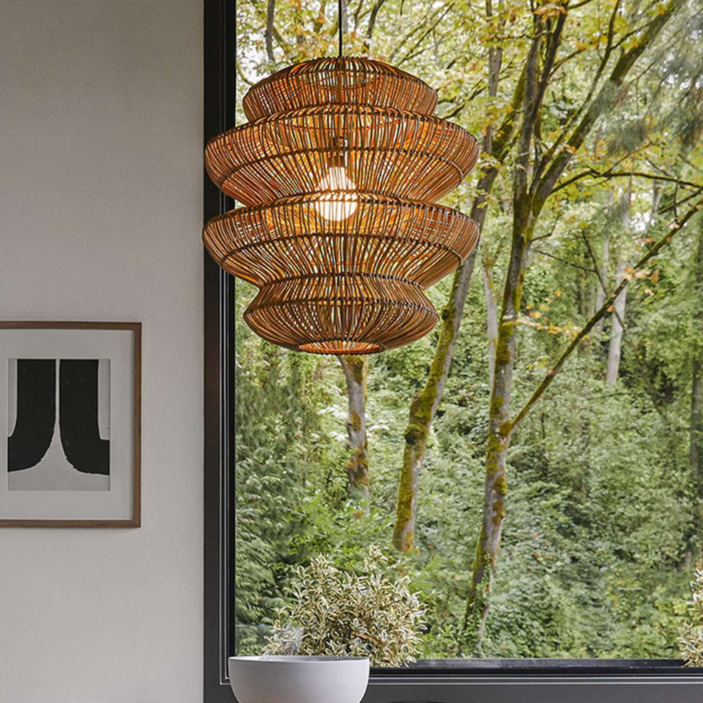 Eco-friendly tiered rattan hanging light with intricate natural weave