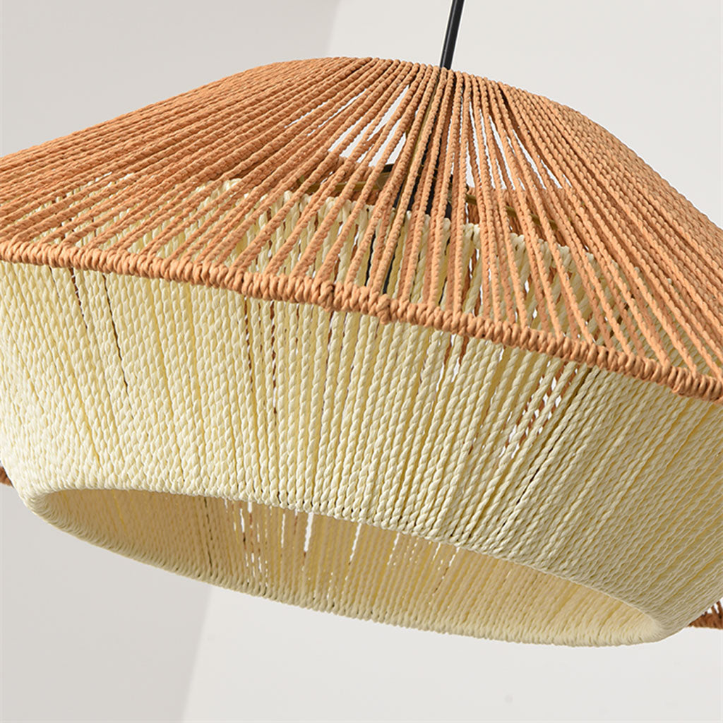 Eco-friendly wicker floating chandelier inspired by traditional Asian sun hats, reinvented for modern minimalist interiors.