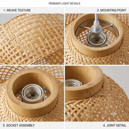 Eco-friendly Japandi aesthetic bamboo pendant light, unique handwoven sculptural design for sustainable decor.