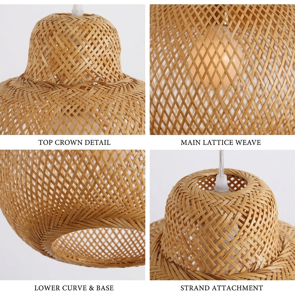 Eco-friendly bamboo pendant light, unique handwoven sphere design for sustainable decor.