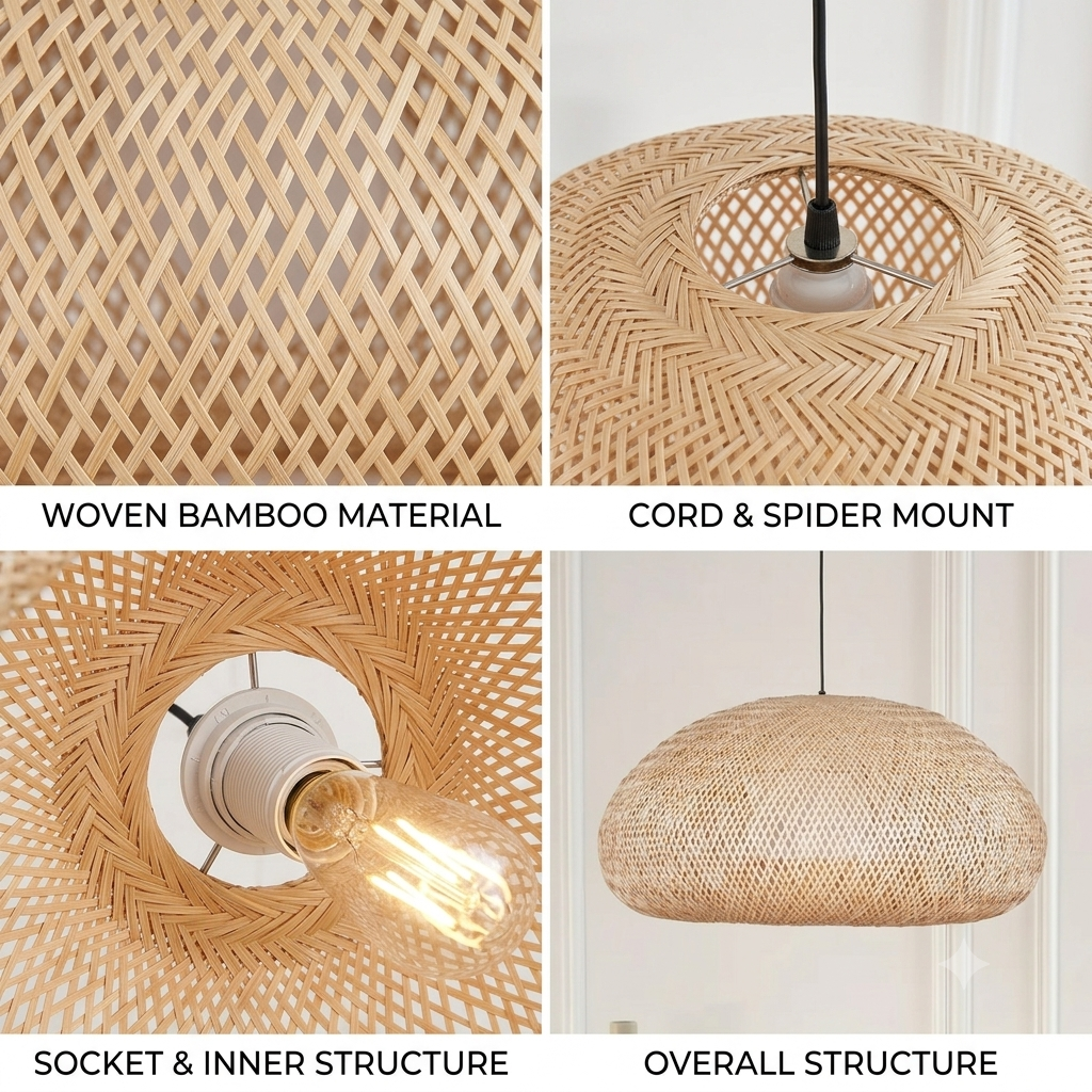 Eco-friendly wicker pendant light, unique handwoven design for sustainable decor.