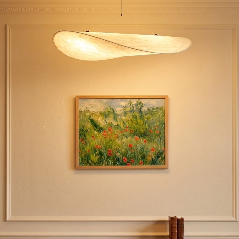 Elegant fabric oblong hanging light welcoming guests at the entryway