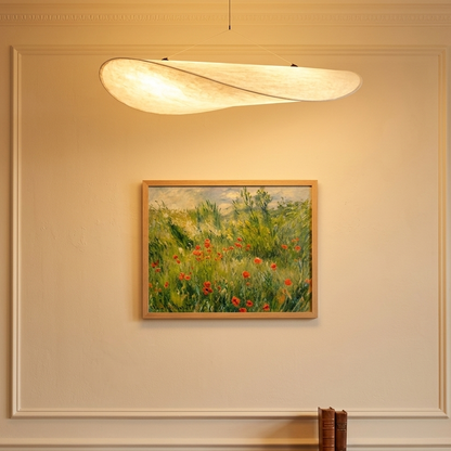 Elegant fabric oblong hanging light welcoming guests at the entryway