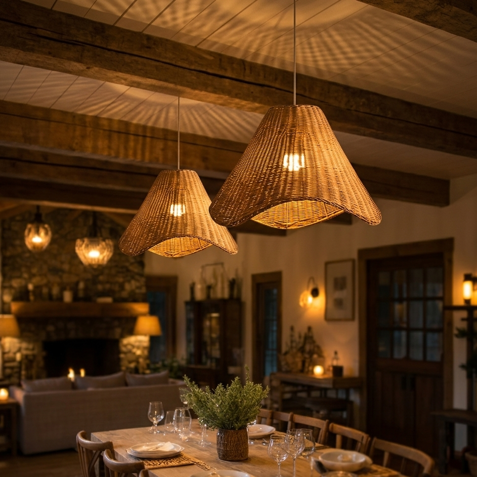 Elegant rattan hanging lamp providing soft light for modern dining tables