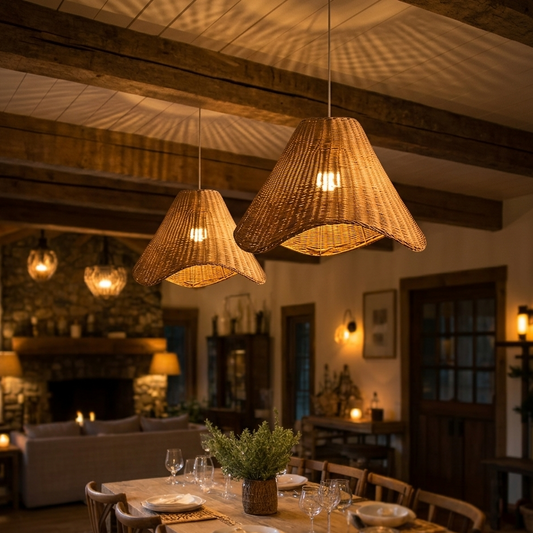 Elegant rattan hanging lamp providing soft light for modern dining tables