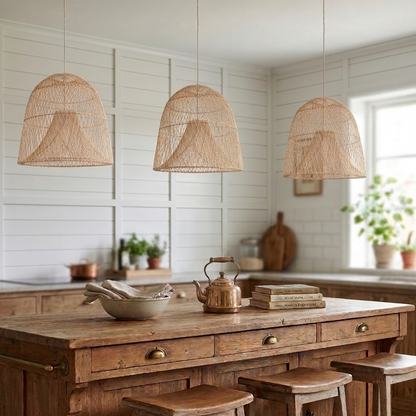 Elegant woven rattan island ceiling fixture for refined kitchen design