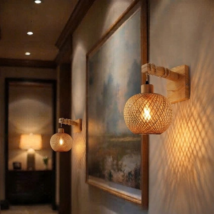 A warm, bohemian-style wall sconce with a woven rattan globe and a light wood wall mount, shown illuminated in a hallway next to a framed painting.