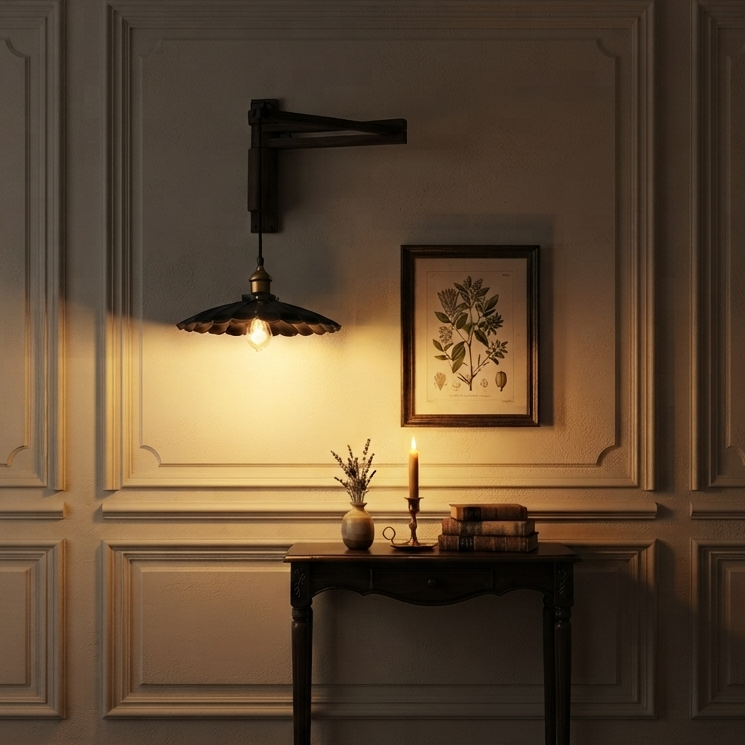 A dark metal wall sconce with a conical shade and glowing bulb, mounted on a beige paneled wall above a console table.