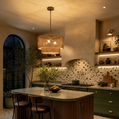Textured rattan 2-tier light fixture perfect for adding natural, rustic character to a kitchen island.