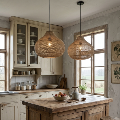 rattan light fixture perfect for adding natural character to a kitchen island ceiling.