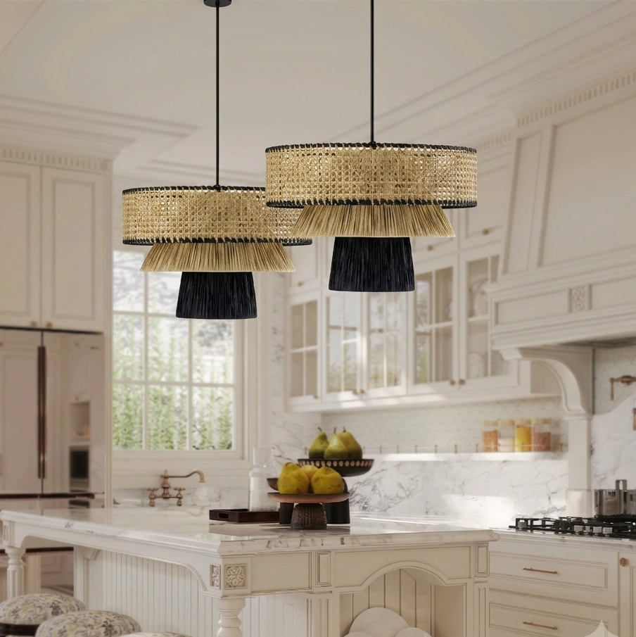 Rustic woven pendant lamp for farmhouse style kitchen