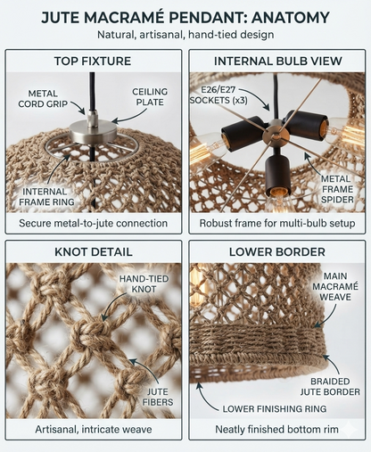 Farmhouse inspired jute rope ceiling lamp with a classic open-weave dome shape.
