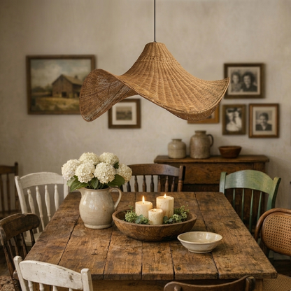 Farmhouse style woven kitchen hanging light, adding rustic texture to a contemporary cooking and dining space.