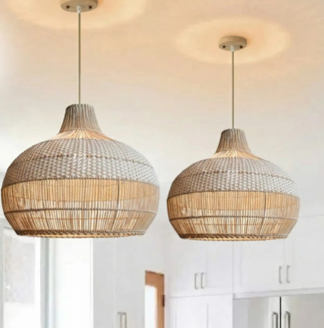 Sustainable earthy tan and cream hanging shade emphasizing premium organic materials and traditional Asian basketry skills.