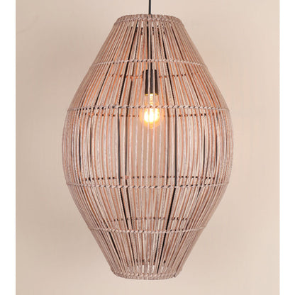 Sustainable earthy tan floating shade featuring a hollow open-weave interior that prevents overheating and diffuses soft light.