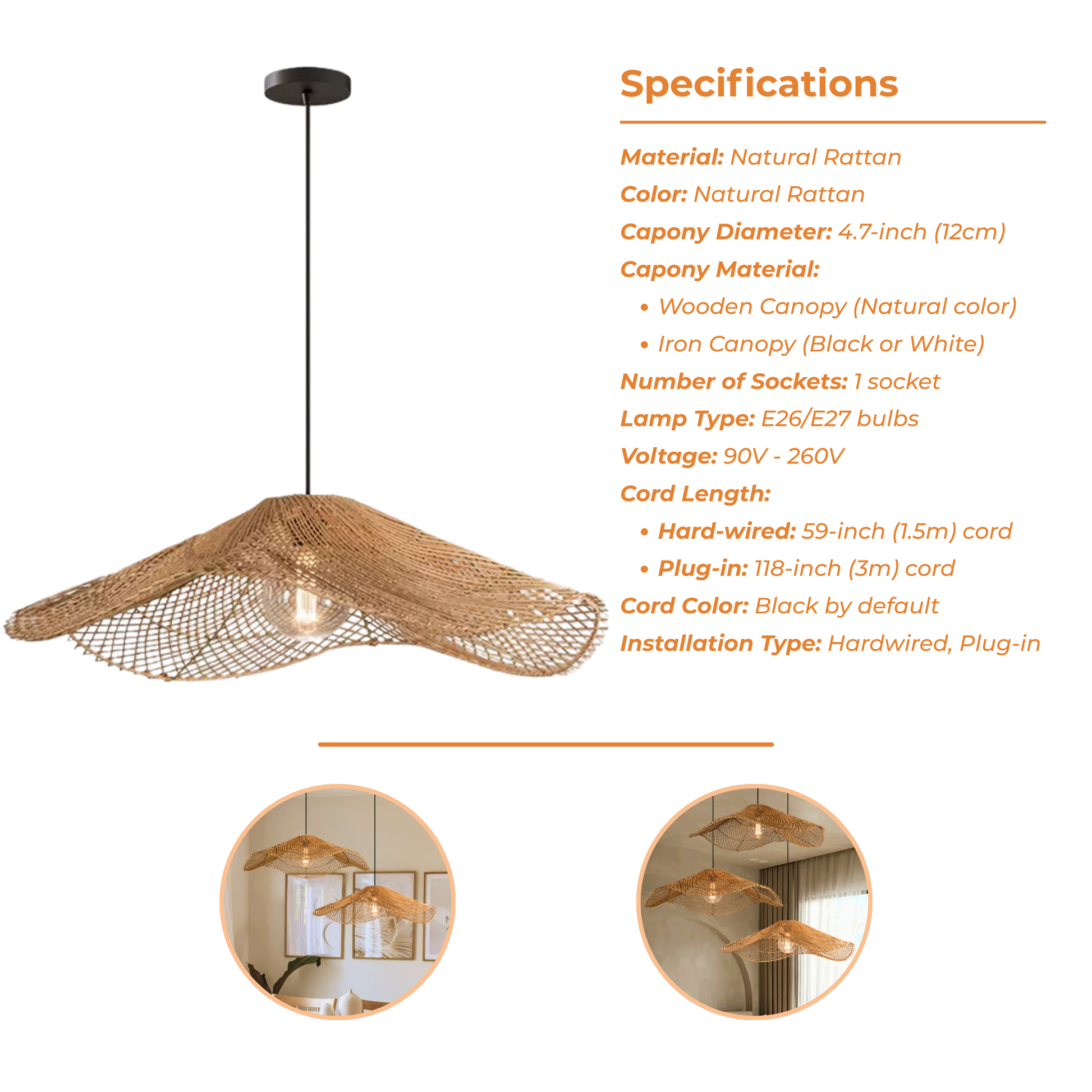 Sustainable split-bamboo floating shade highlighting its intricate criss-cross net structure and visible exposed filament bulb.