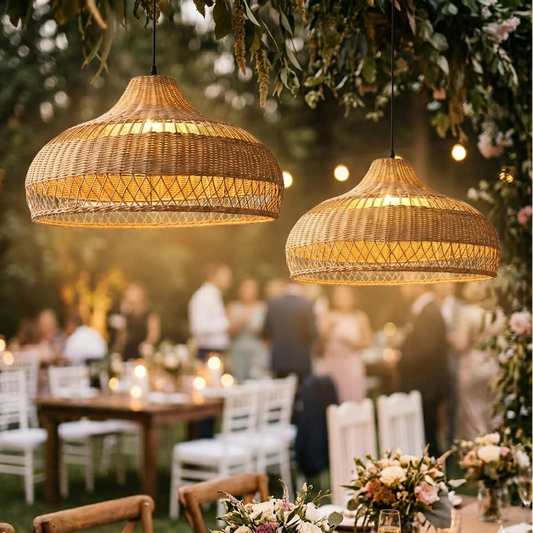 Side-by-side comparison of a flared rattan dome pendant light in turn-off and turn-on modes, showing the intricate wicker patterns