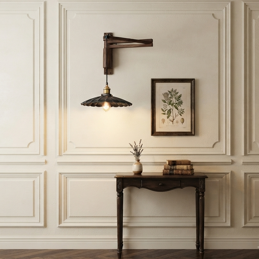 A wall-mounted sconce with a dark metal shade and warm glowing bulb, mounted on a cream paneled wall above a dark wood console table.