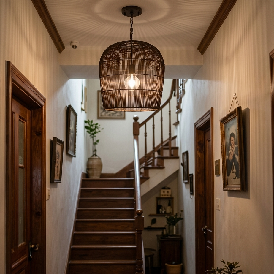 Welcoming earthy rattan pendant light illuminating a stylish home entryway or foyer entrance.