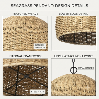 Handwoven Seagrass Dome Pendant Light - Rustic Boho Ceiling Lamp