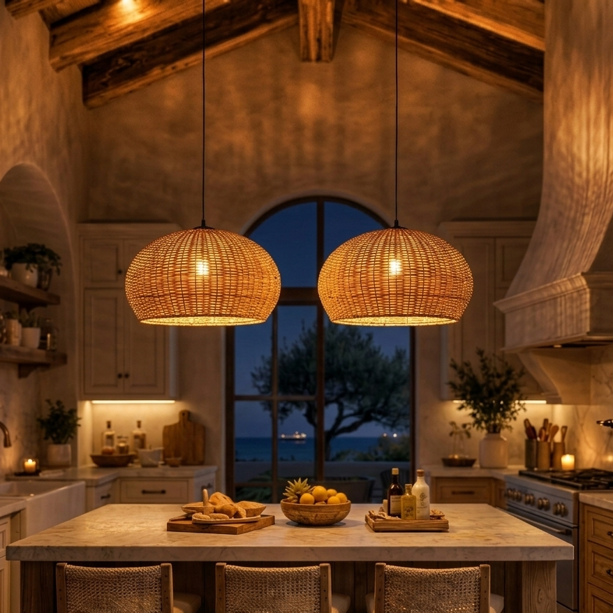 Handwoven rattan dome pendant light adding natural warmth to kitchen islands
