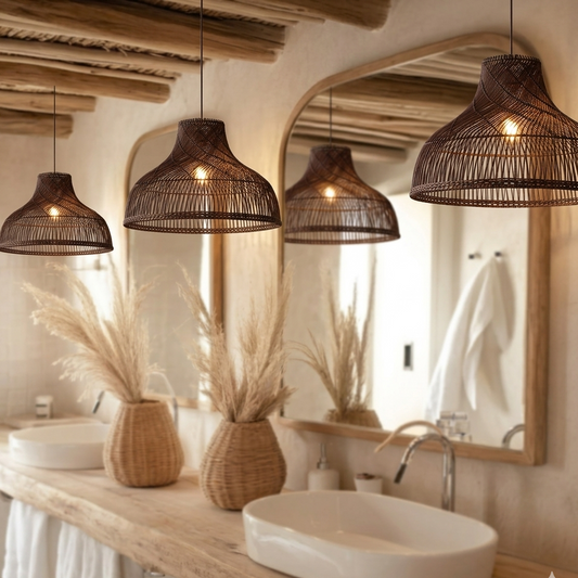 Coastal inspired rattan hanging light capturing a serene, breezy beach-house atmosphere.