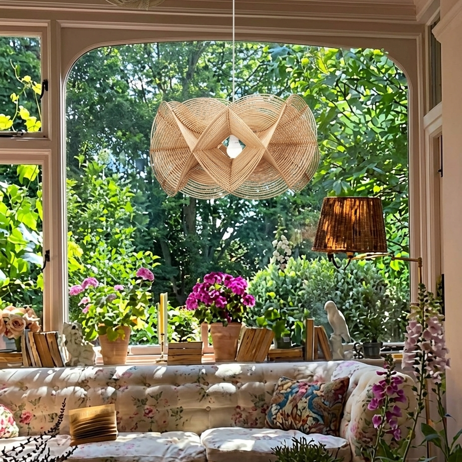 Elegant geometric rattan pendant light enhancing the natural aesthetic of a living room area.