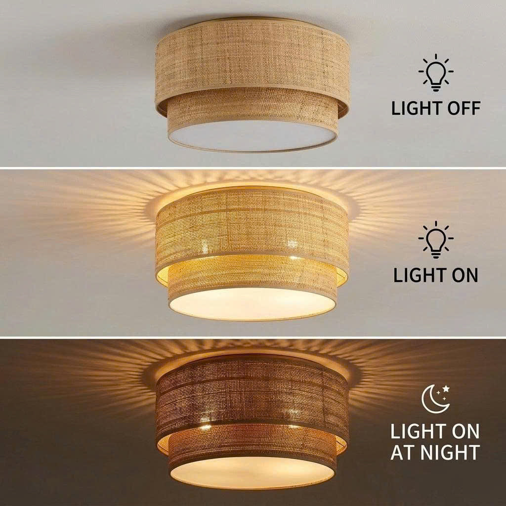 Geometric rattan woven flush mount, featuring a refined pattern for a structured, natural look.