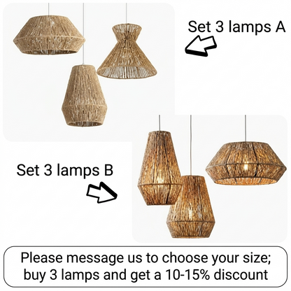 Geometric woven jute light fixture set adding professional yet natural charm to a modern office.