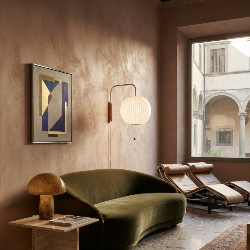 A modern curved olive green velvet sofa in a warm, minimalist room with textured beige walls, a wall-mounted paper lantern sconce, a framed abstract print, a wooden side table with a mushroom-shaped lamp, and two leather chaise lounge chairs by a large window.