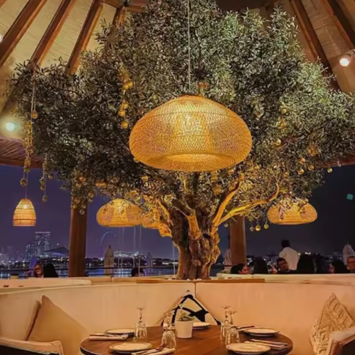 Unique hand-knitted bamboo fiber hanging light