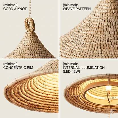 Hand-knotted jute textural cone lamp, creating a calming, natural, and sustainable wellness environment.