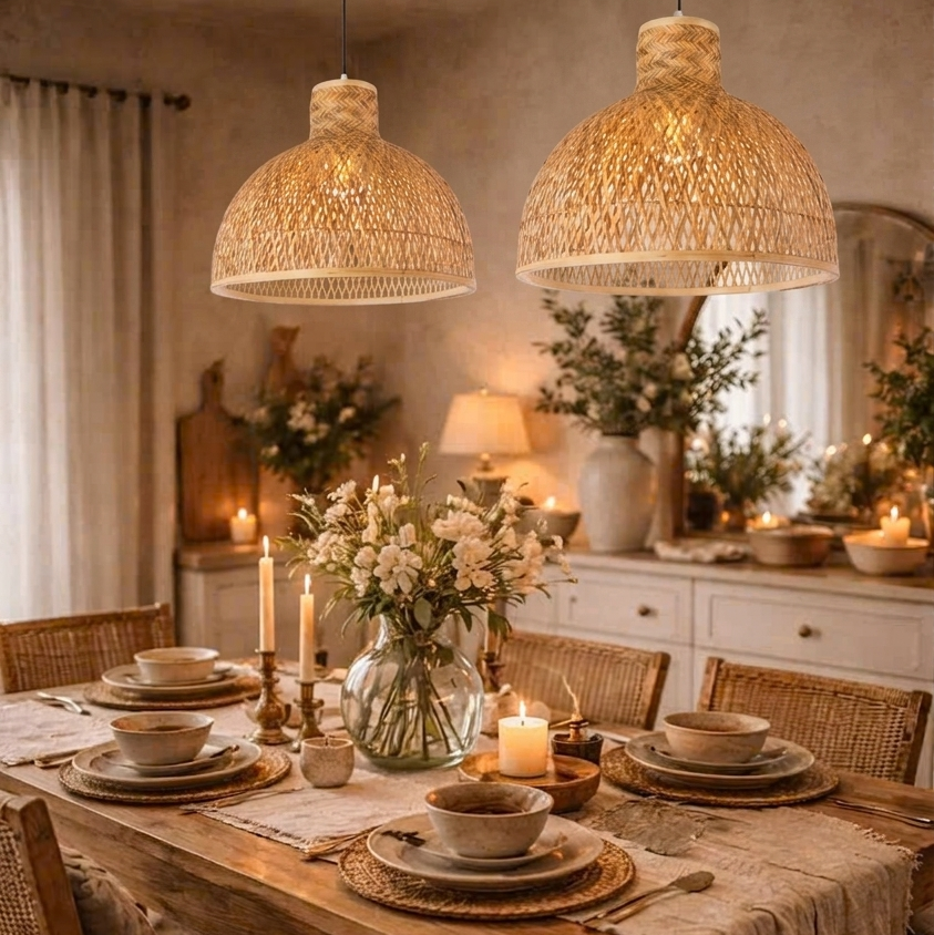 Hand-woven bamboo hanging lamp providing focused, warm light over a kitchen dining table.