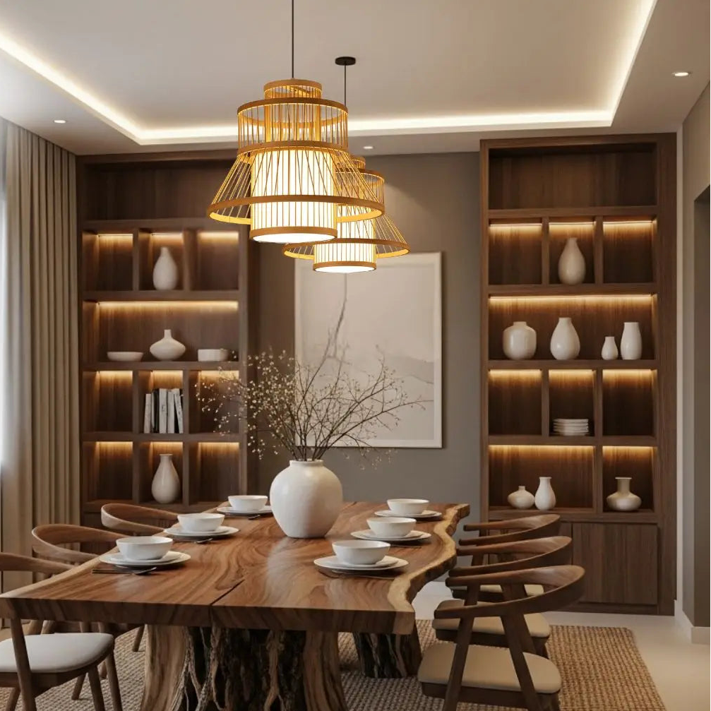 Hand-woven bamboo kitchen hanging fixture providing warm focused lighting