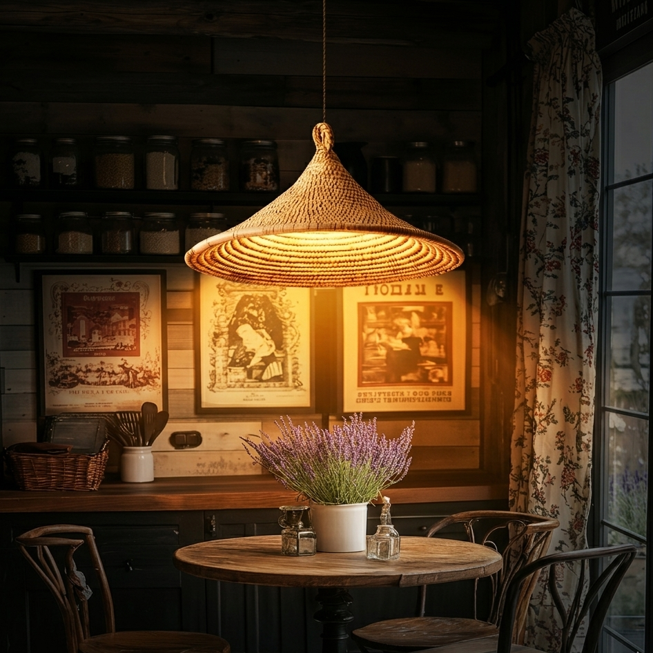 Sophisticated hand-woven jute light enhancing the warmth and comfort of a modern dining room.