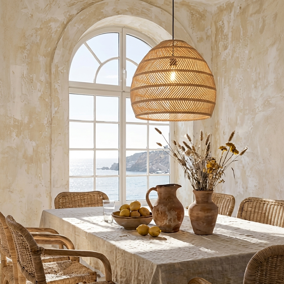 Sophisticated hand-woven rattan ceiling light enhancing the atmosphere of a santorini dining area.
