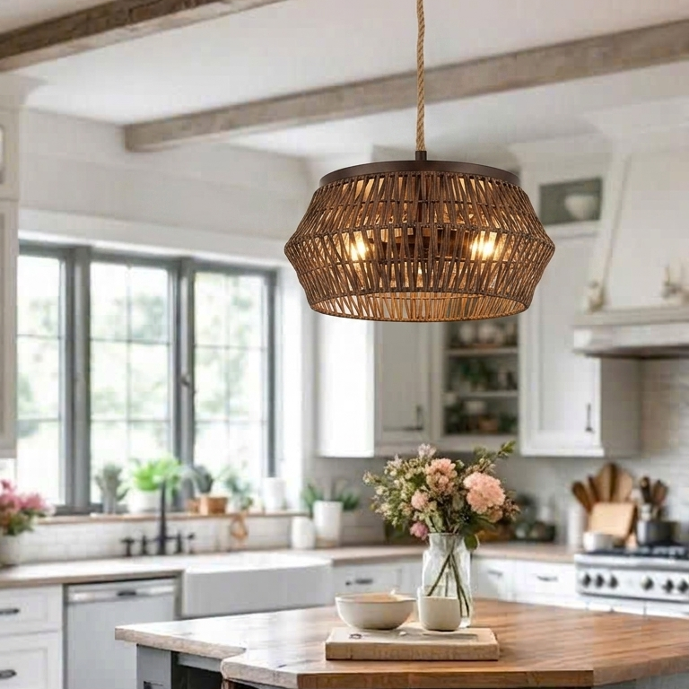 Sophisticated hand-woven rattan light enhancing the warmth and comfort of a modern dining room.