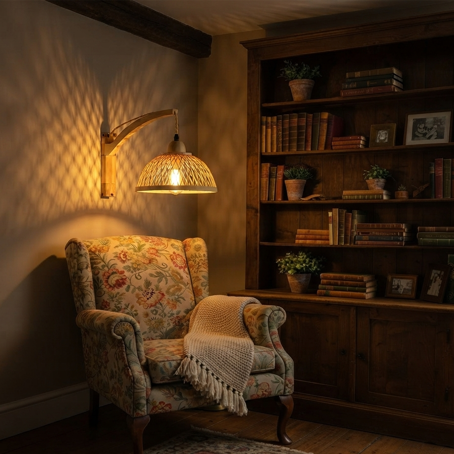 A cozy reading nook corner featuring a floral wingback armchair with a cream knit throw, illuminated by a warm wall sconce, set against a dark wood bookshelf.