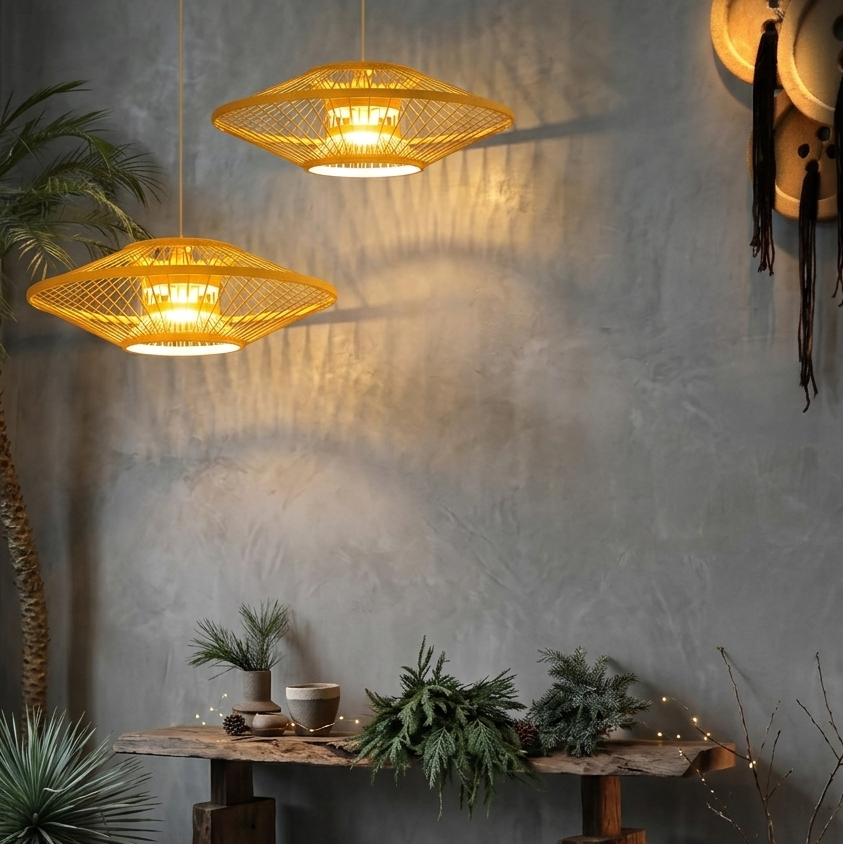 Handcrafted bamboo cage pendant light featuring a Wabi-Sabi aesthetic
