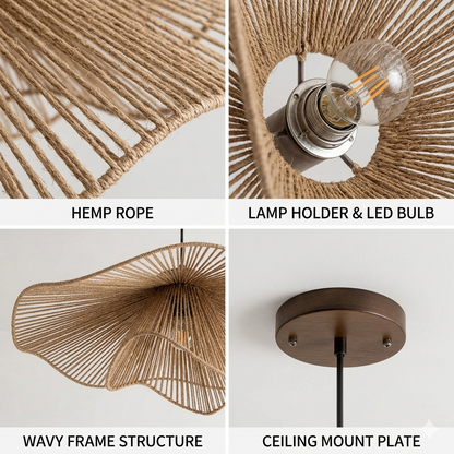 A close-up view of a handcrafted natural hemp rope flush mount light