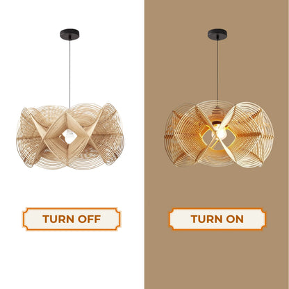 A close-up view of a handcrafted natural rattan pendant light