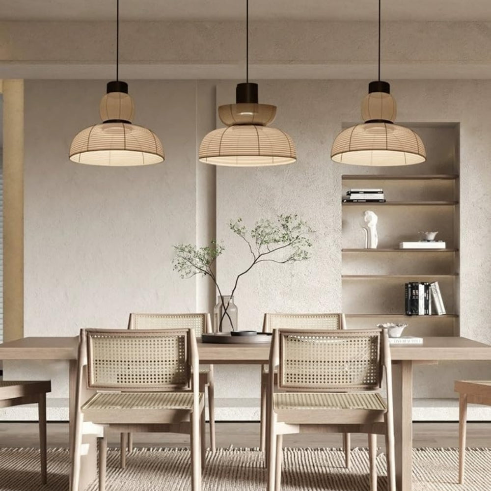 Artistic handcrafted paper lantern collection for a serene Wabi-Sabi dining room