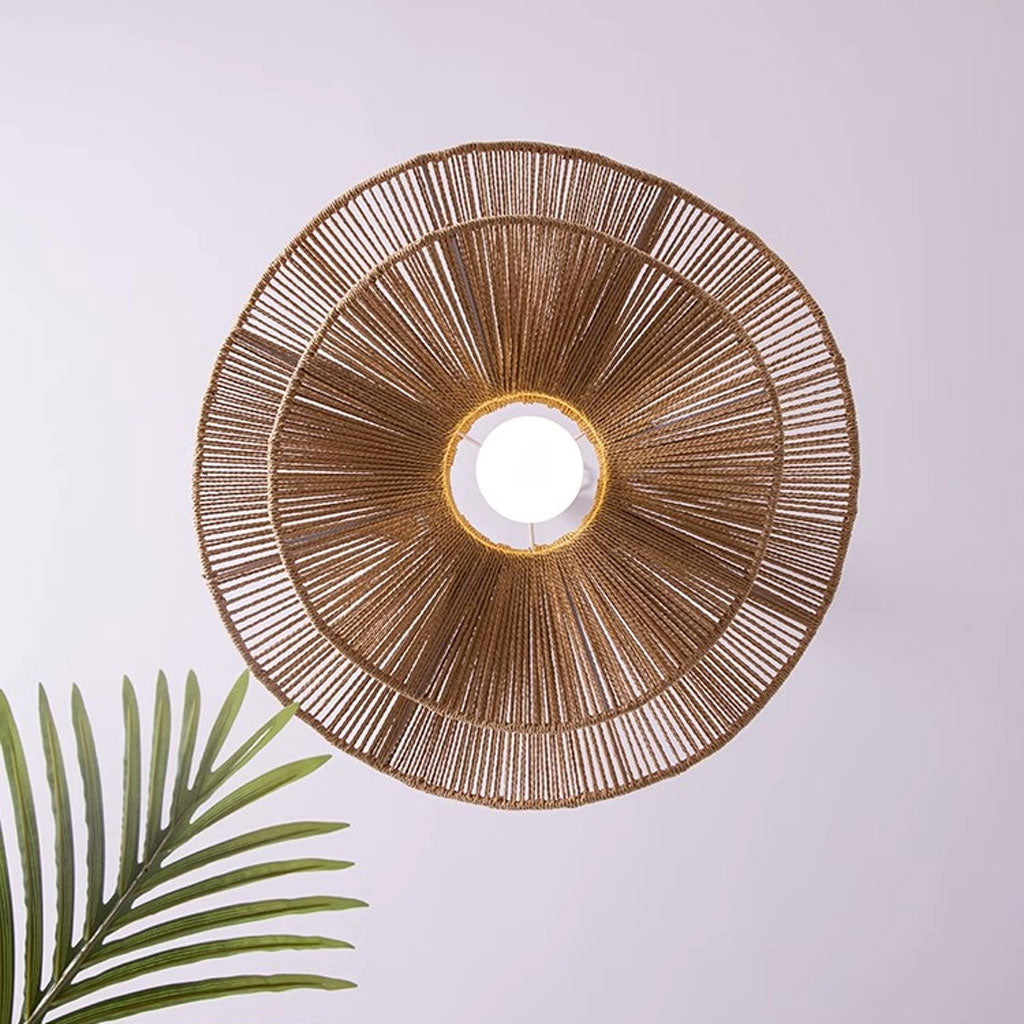 Handcrafted paper rope pendant light detail highlighting the natural finish wooden canopy and secure ceiling mount accessories.