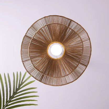 Handcrafted paper rope pendant light detail highlighting the natural finish wooden canopy and secure ceiling mount accessories.