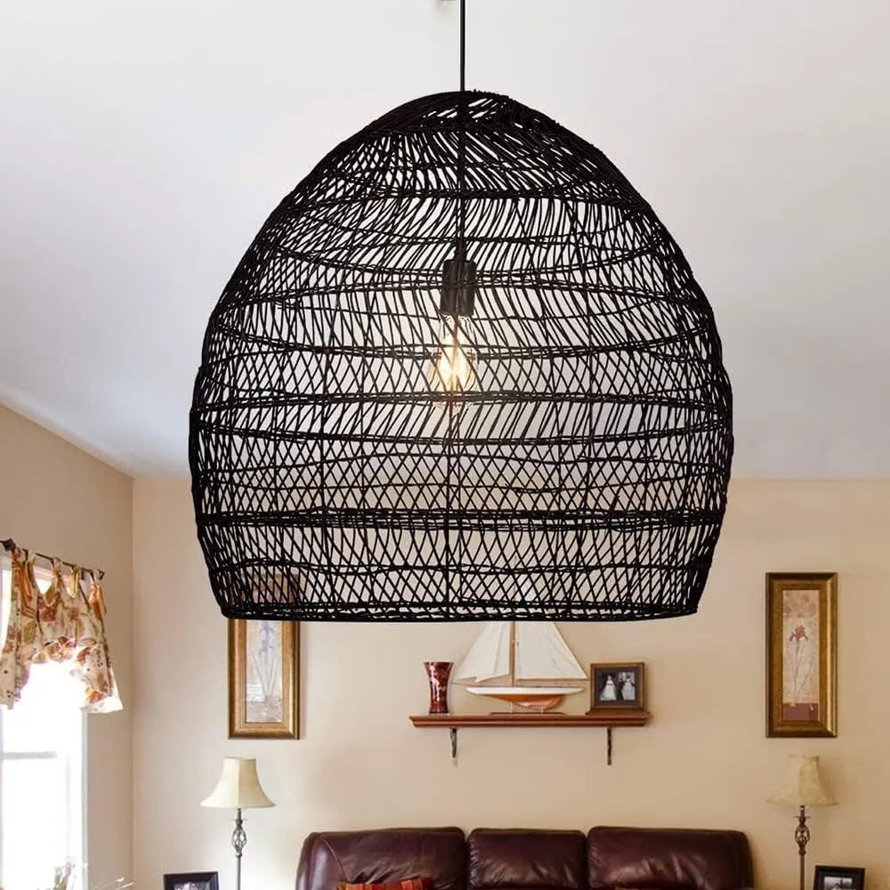 Handcrafted rattan cage pendant light featuring a Wabi-Sabi aesthetic
